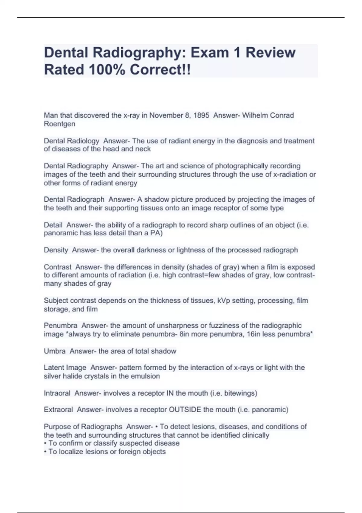 Dental Radiography Exam 1 Review Rated 100 Correct!! Dental