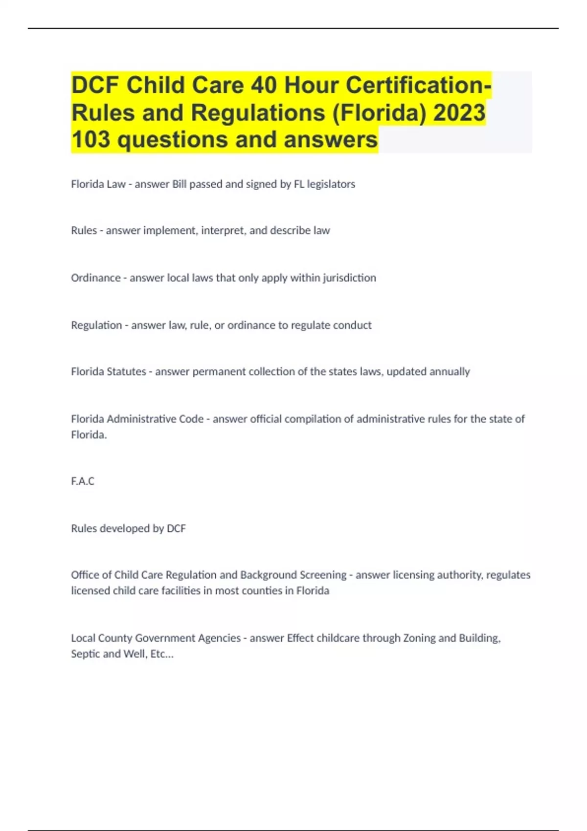 DCF Child Care 40 Hour Certification Rules and Regulations (Florida