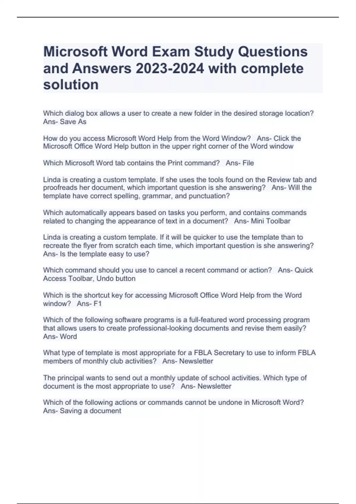 Microsoft Word Exam Study Questions and Answers with complete solution ...
