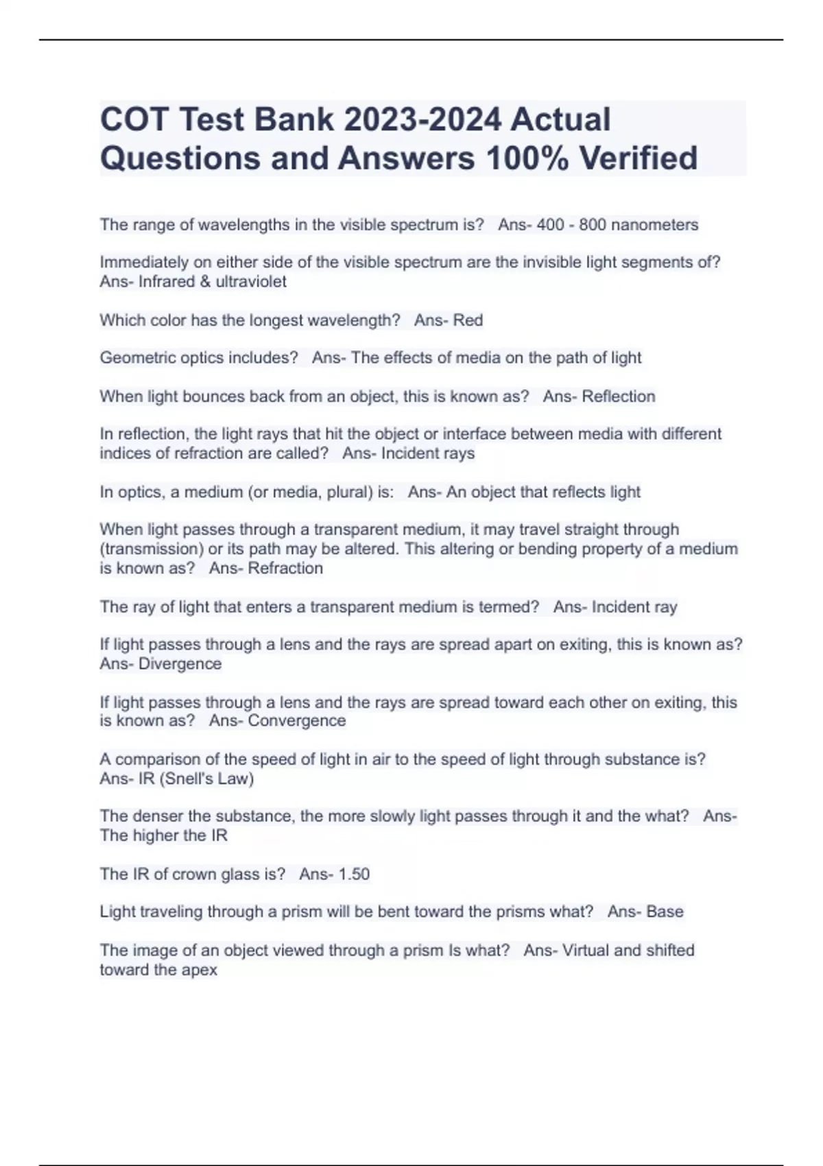 COT Test Bank Actual Questions and Answers 100 Verified COT Stuvia US