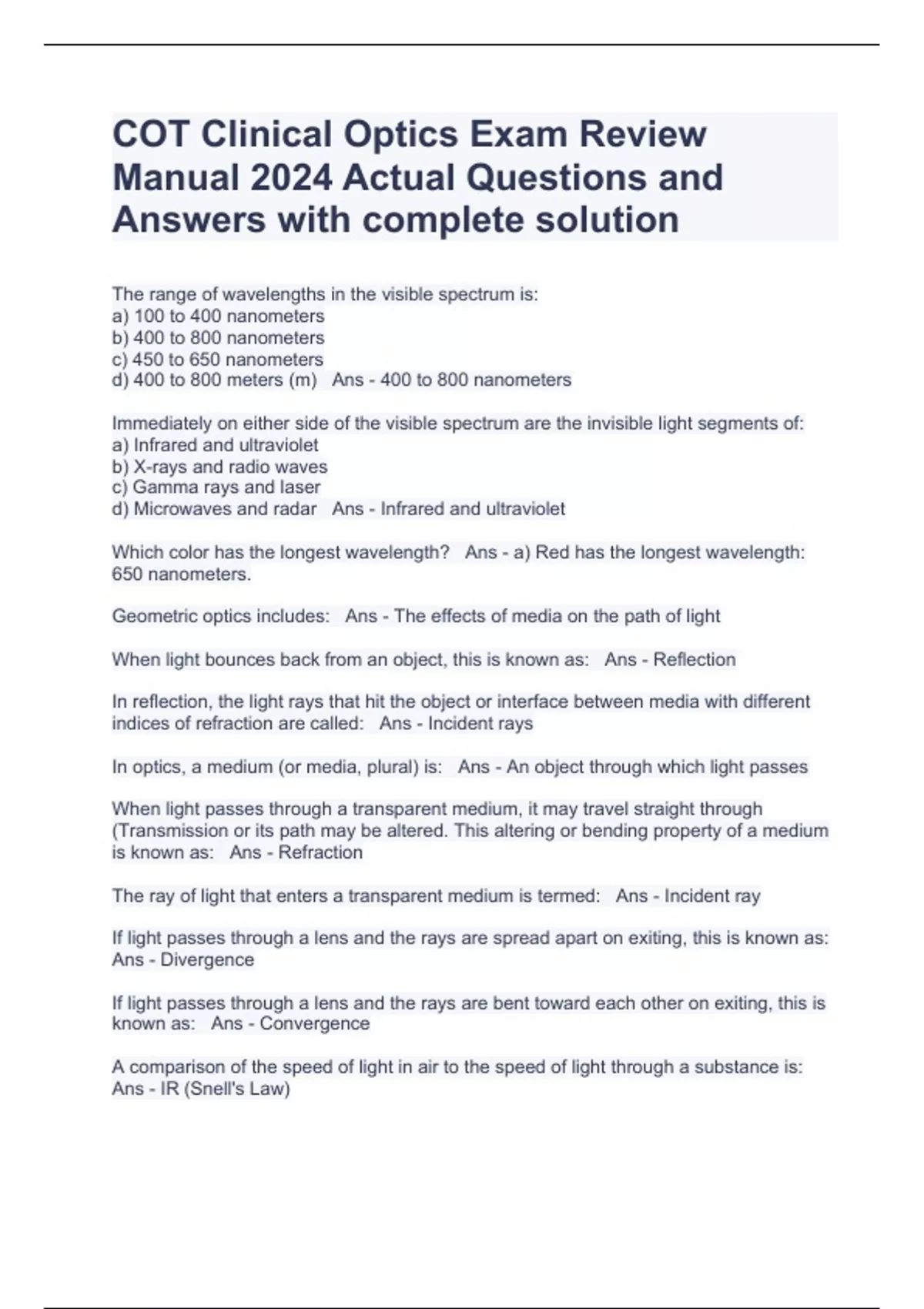 COT Clinical Optics Exam Review Manual 2024 Actual Questions and Answers with complete solution