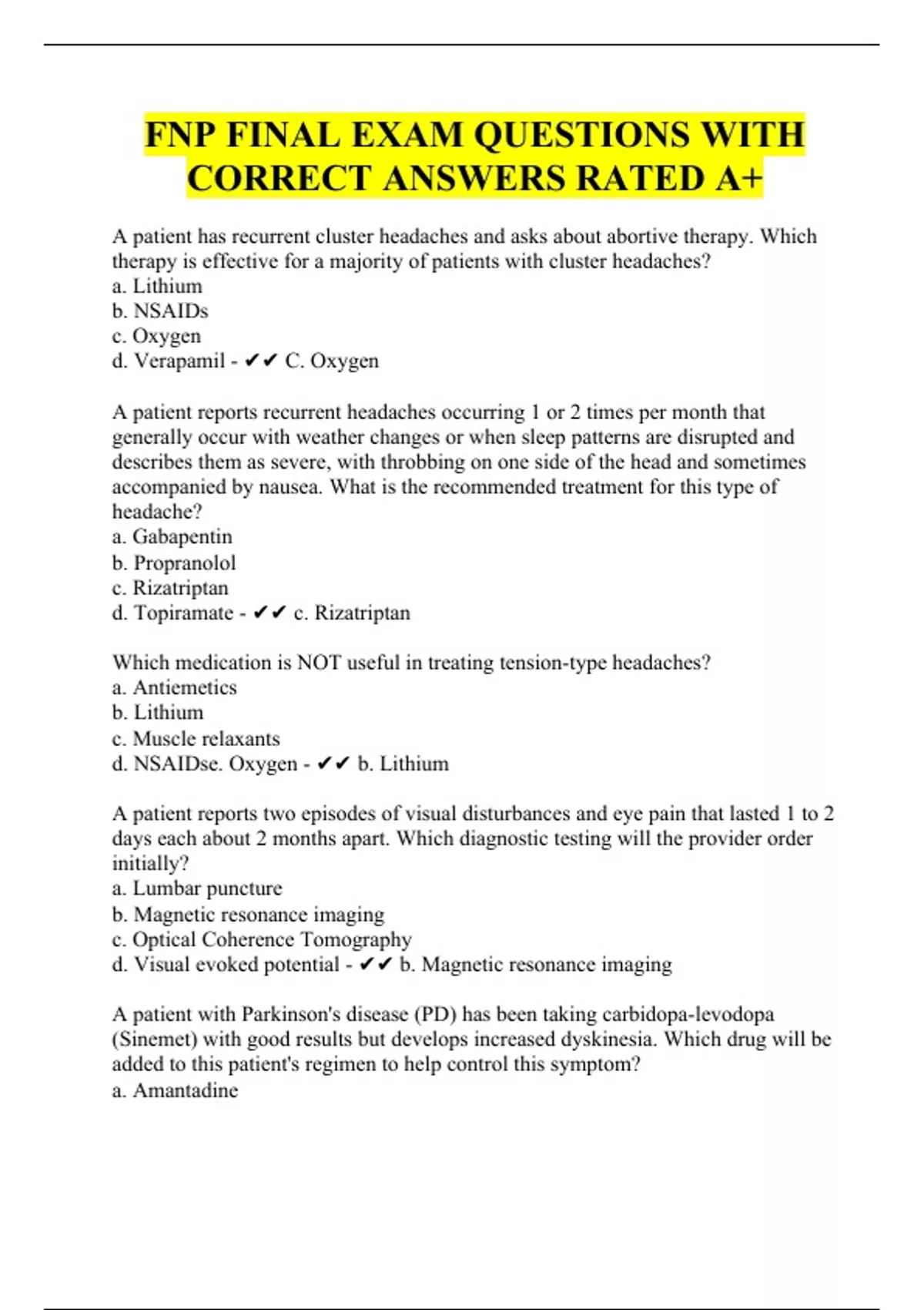 FNP FINAL EXAM QUESTIONS WITH CORRECT ANSWERS RATED A+ - Fnp - Stuvia US