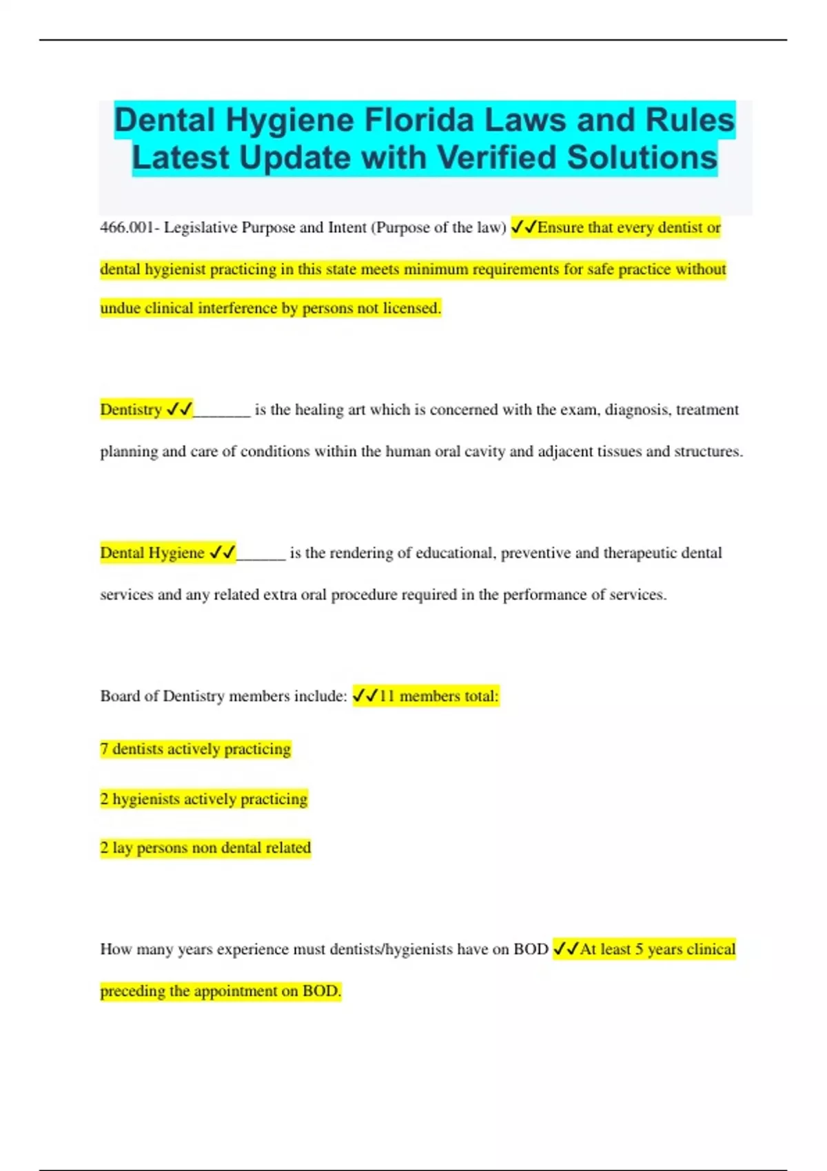Dental Hygiene Florida Laws and Rules (2023/2024) with Verified