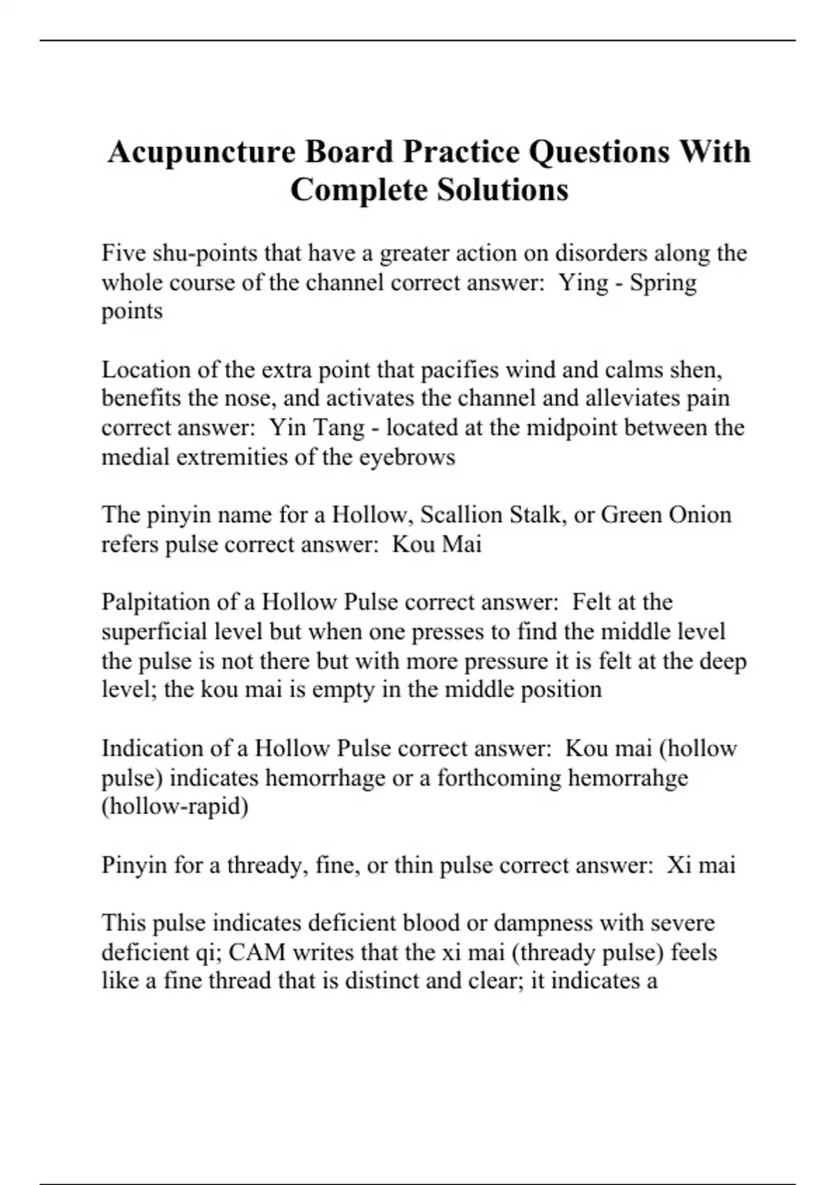 Acupuncture Board Practice Questions With Complete Solutions