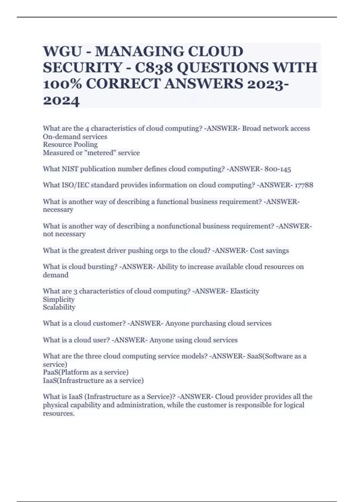 WGU - MANAGING CLOUD SECURITY - C838 QUESTIONS WITH 100% CORRECT ...