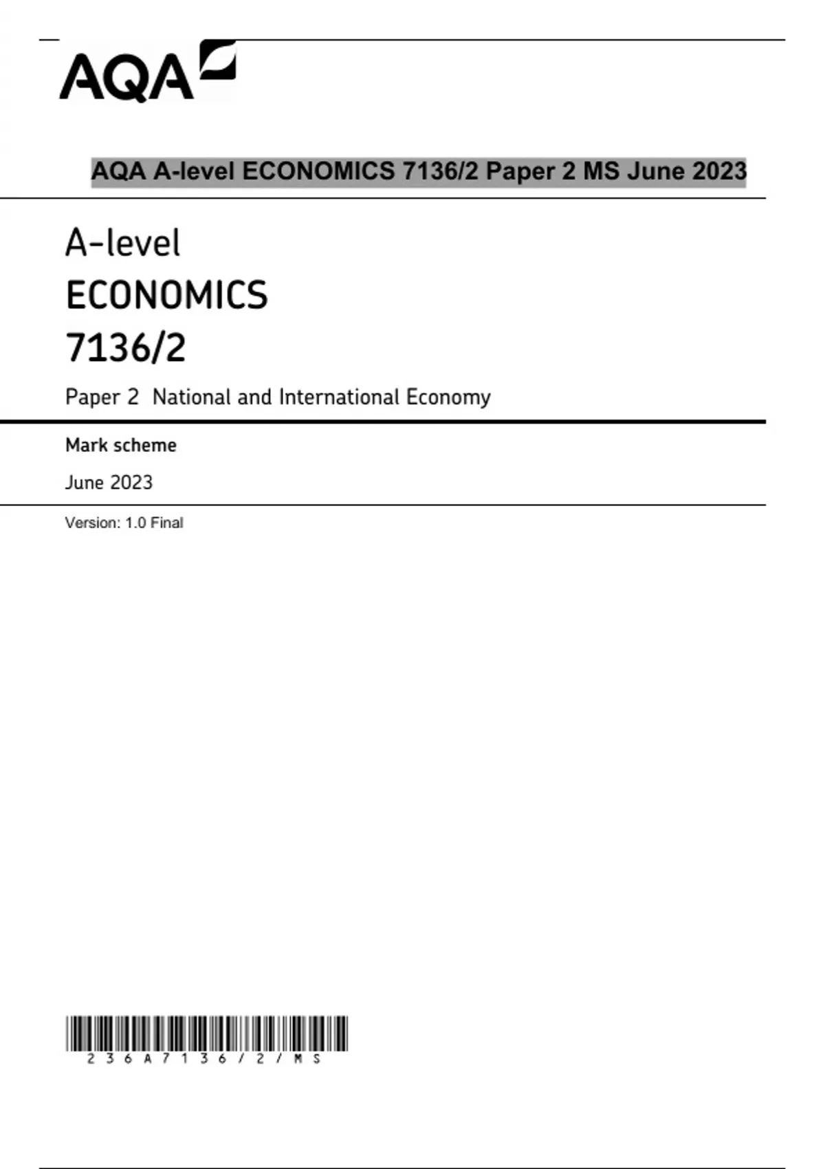 AQA A-level ECONOMICS 7136/2 Paper 2 MS June 2023 - AQA ECONOMICS 2023 ...