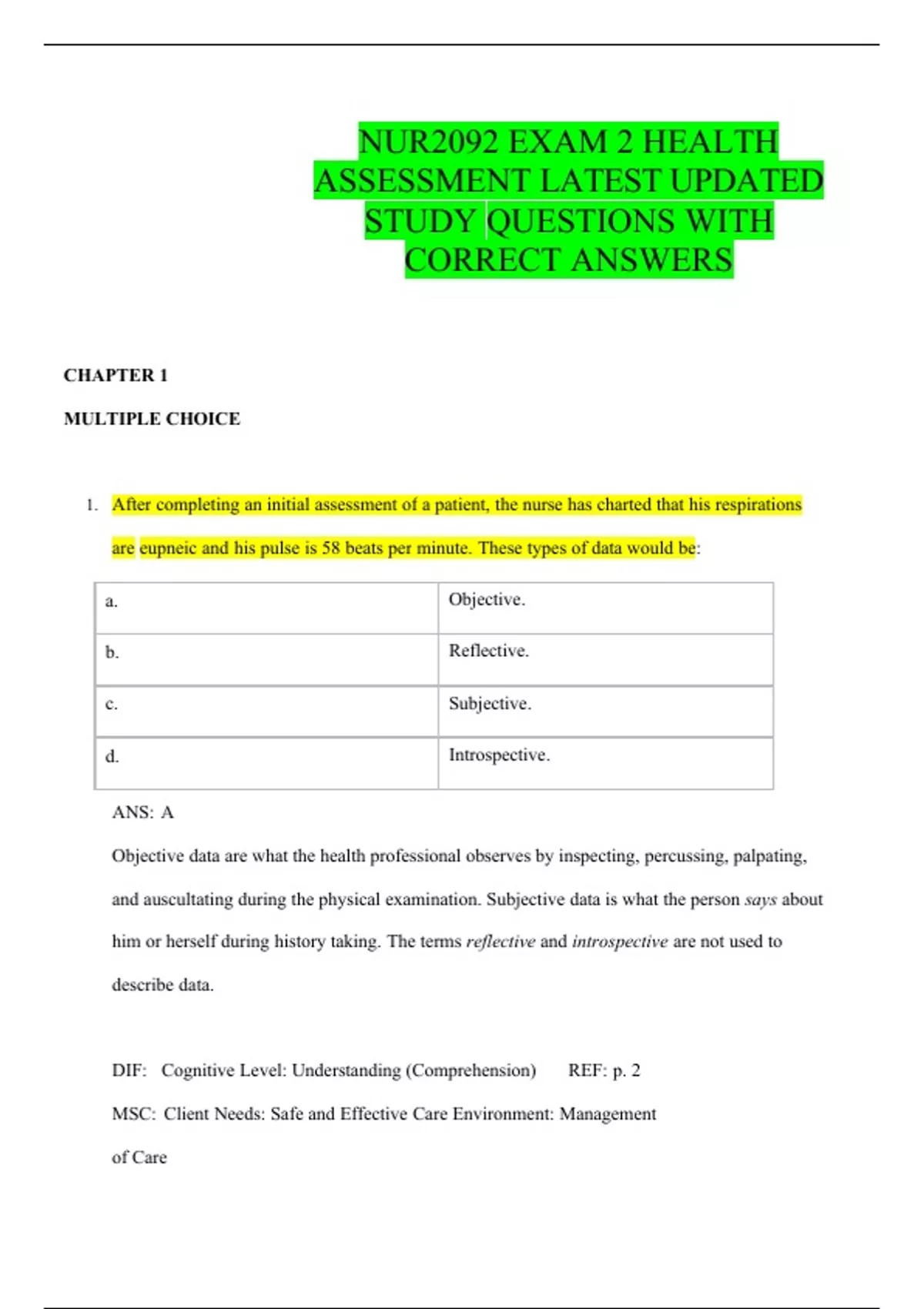 NUR2092 EXAM 2 HEALTH ASSESSMENT LATEST UPDATED STUDY QUESTIONS WITH ...