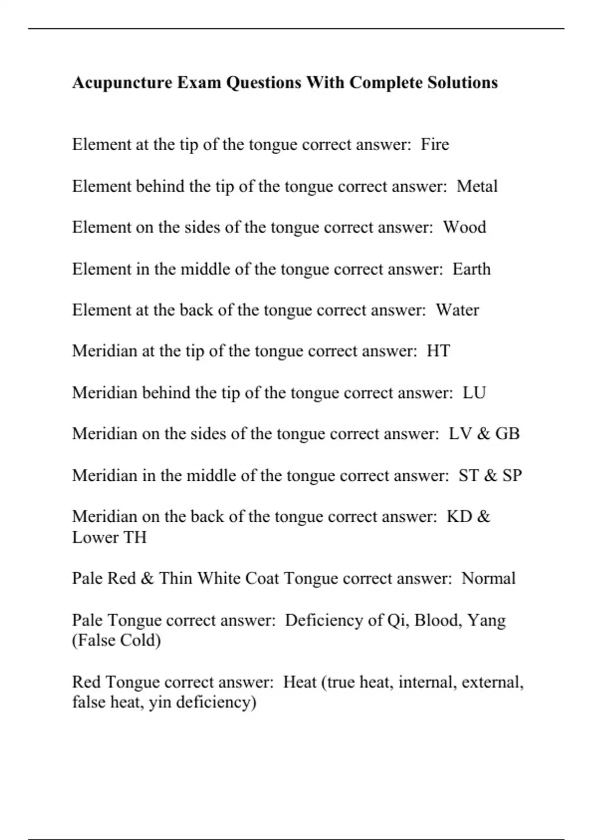 Acupuncture Exam Questions With Complete Solutions Acupuncture