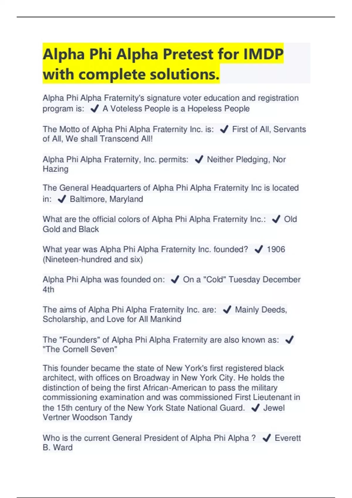 Alpha Phi Alpha Pretest for IMDP with complete solutions. Alpha Phi
