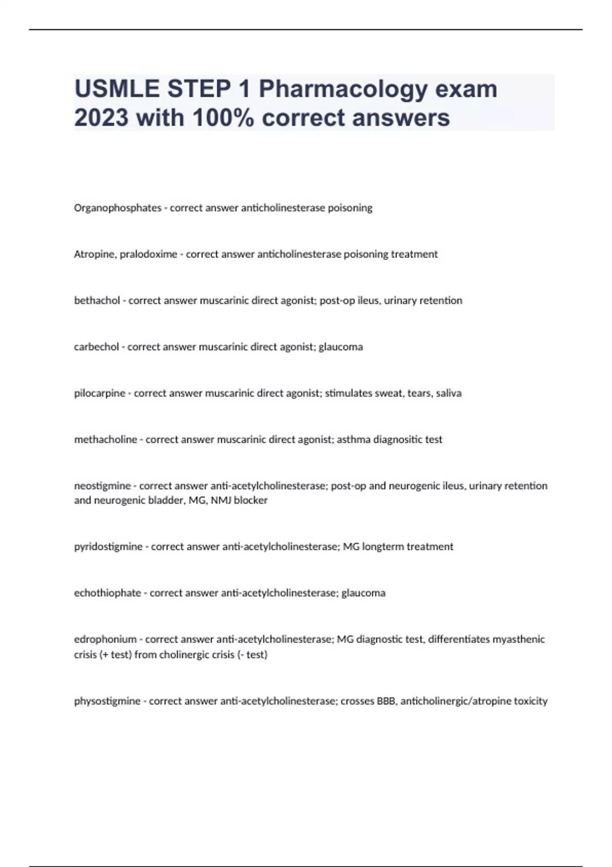 USMLE STEP 1 Pharmacology exam 2023 with 100% correct answers - USMLE ...