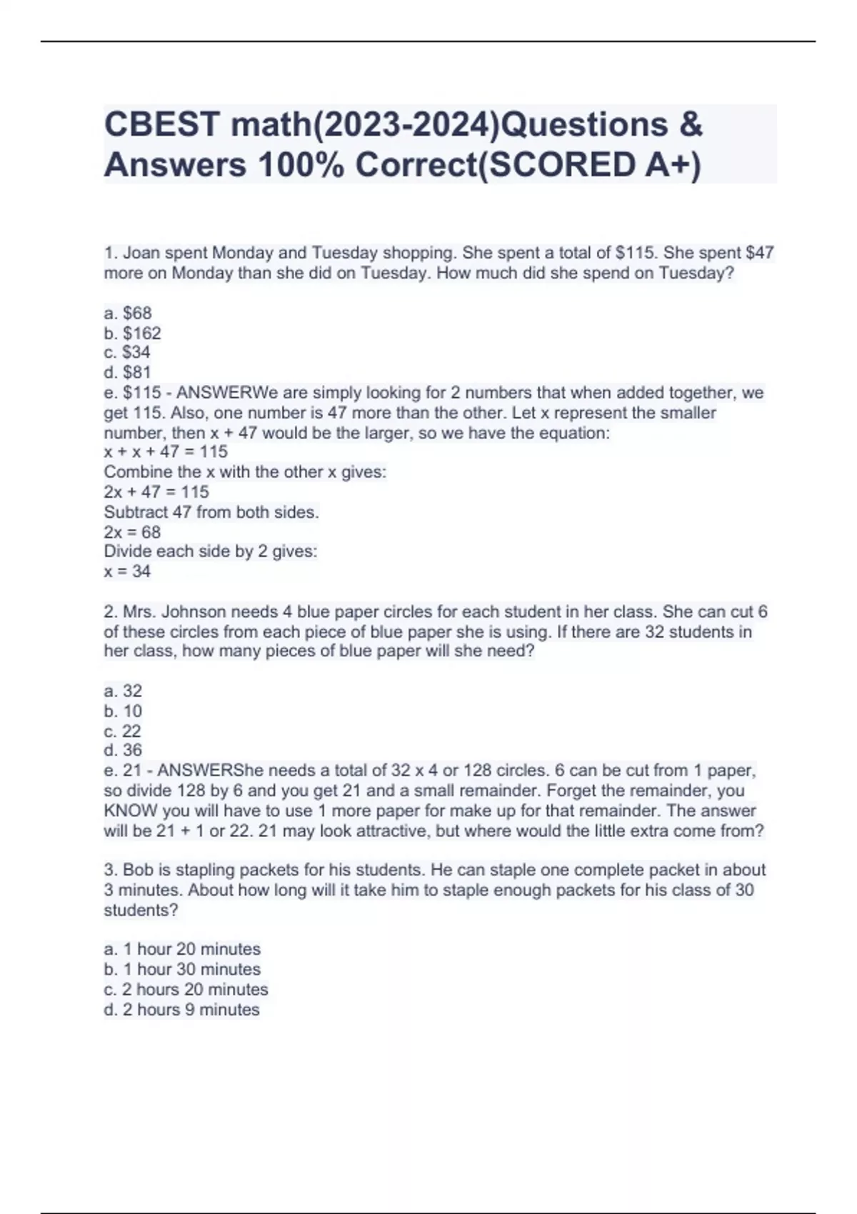 CBEST math()Questions & Answers 100 Correct(SCORED A+) CBEST math