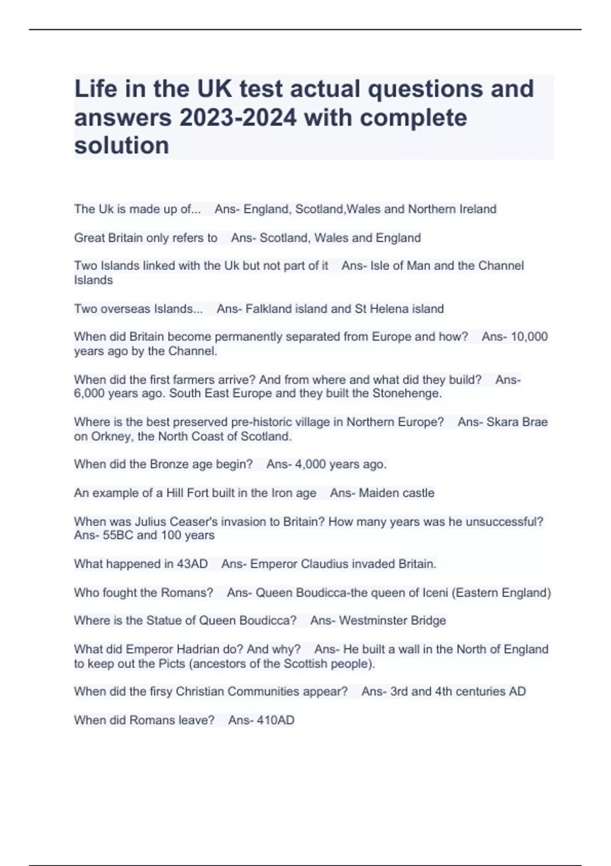 Life in the UK test actual questions and answers with complete solution - Life in the UK - Stuvia US