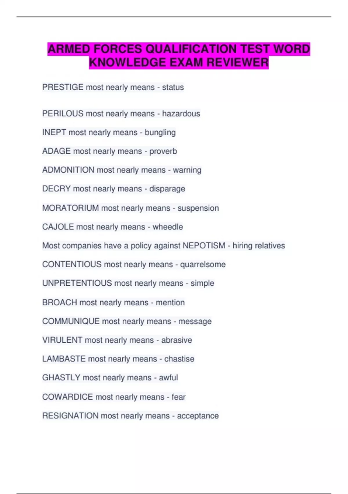 ARMED FORCES QUALIFICATION TEST WORD KNOWLEDGE EXAM REVIEWER ASVAB