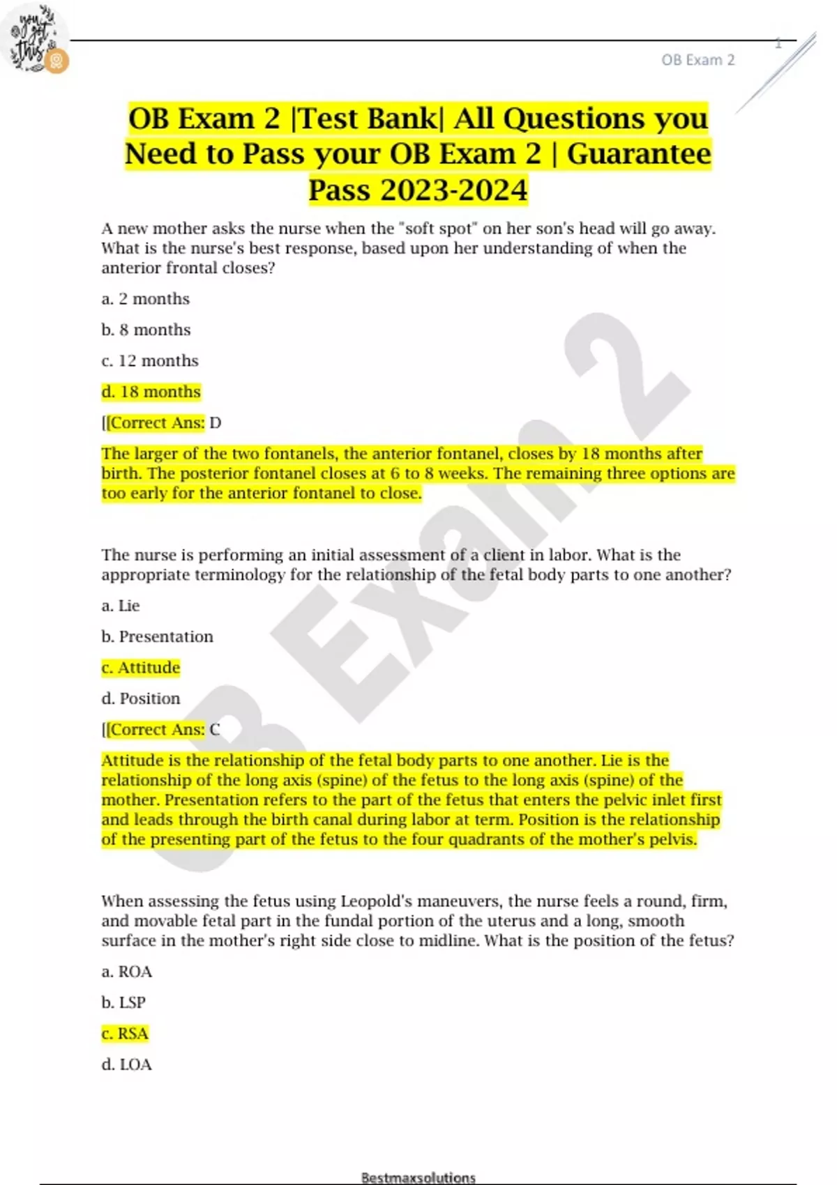 (Complete) OB Exams 2|OB Exams 2 Practice| Questions All with Complete ...