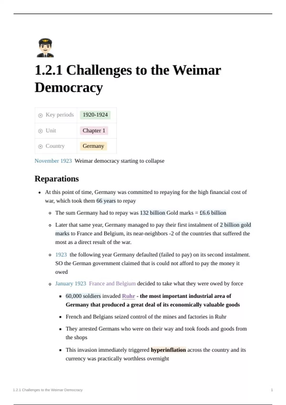 Summary AQA GCSE HISTORY NOTES - 1.2.1 Challenges to the Weimar ...