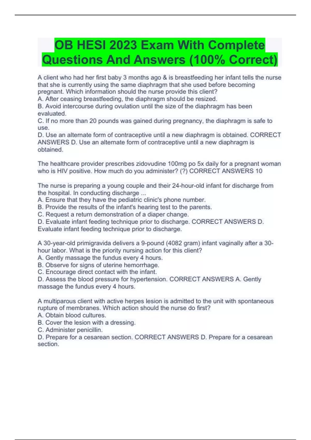 OB HESI 2023 Exam With Complete Questions And Answers (100% Correct ...