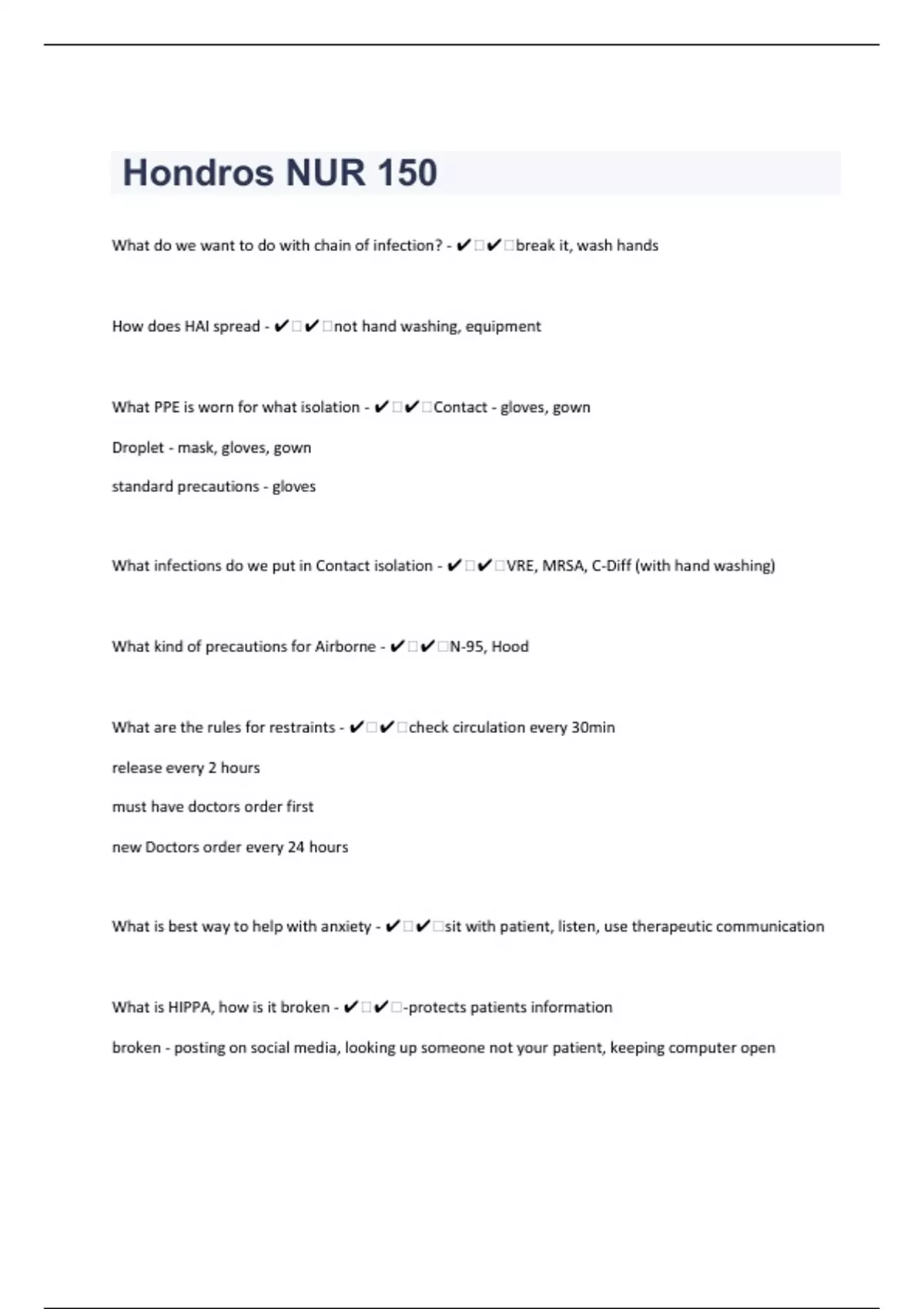 Final Exam Hondros NUR 150|99 Questions And Answers - Hondros NUR 150 ...