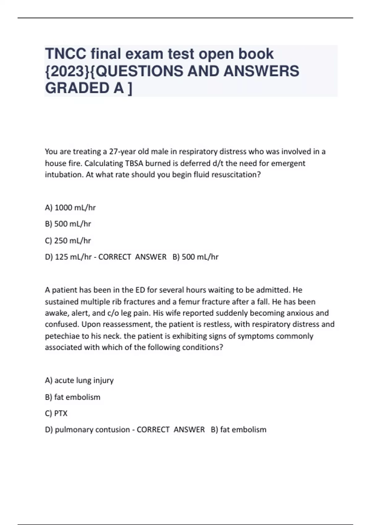 TNCC final exam test open book {2023}{QUESTIONS AND ANSWERS GRADED A ] - TNCC - Stuvia US