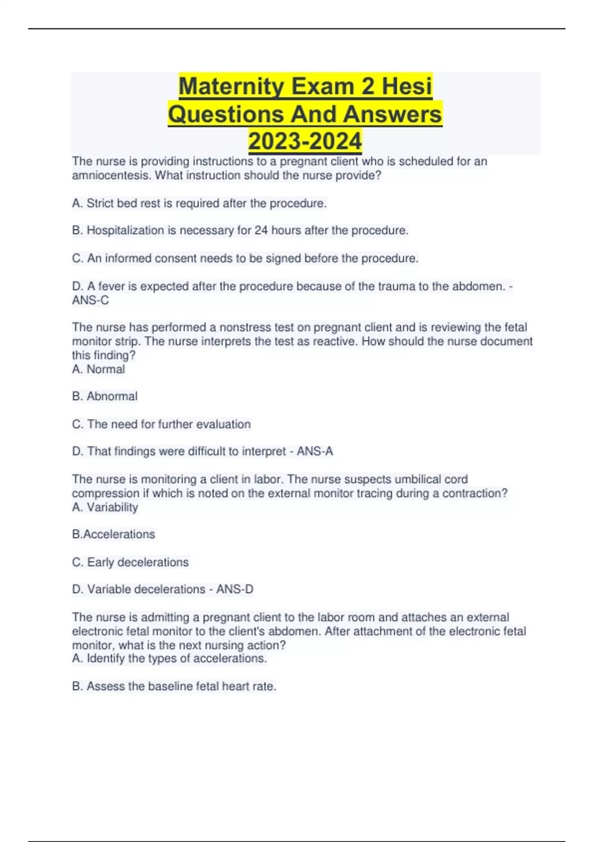 Maternity Exam 2 Hesi Questions And Answers - Hesi - Stuvia US