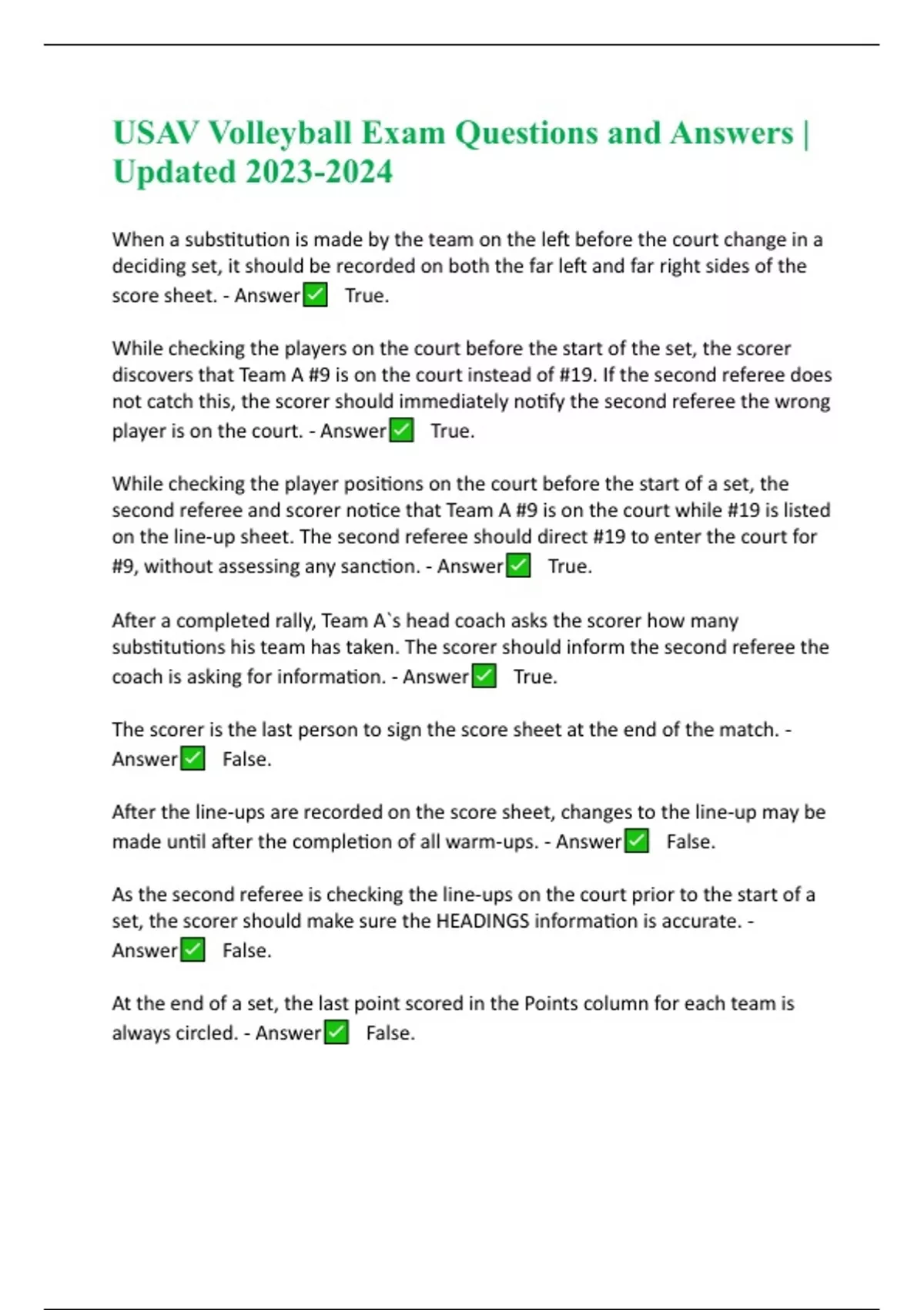 USAV Volleyball Exam Questions and Answers Updated USAV Stuvia US