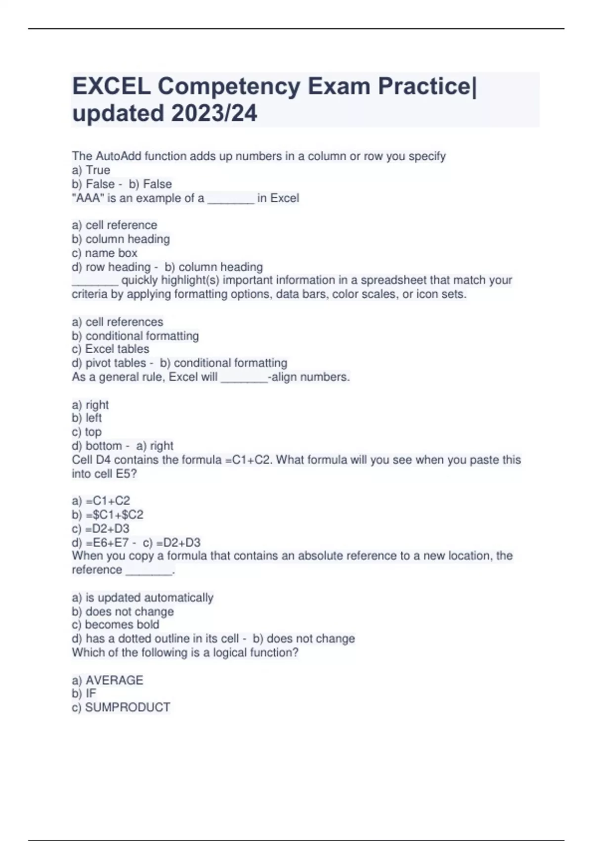EXCEL Competency Exam Practice updated 2023/24 EXCEL Competency