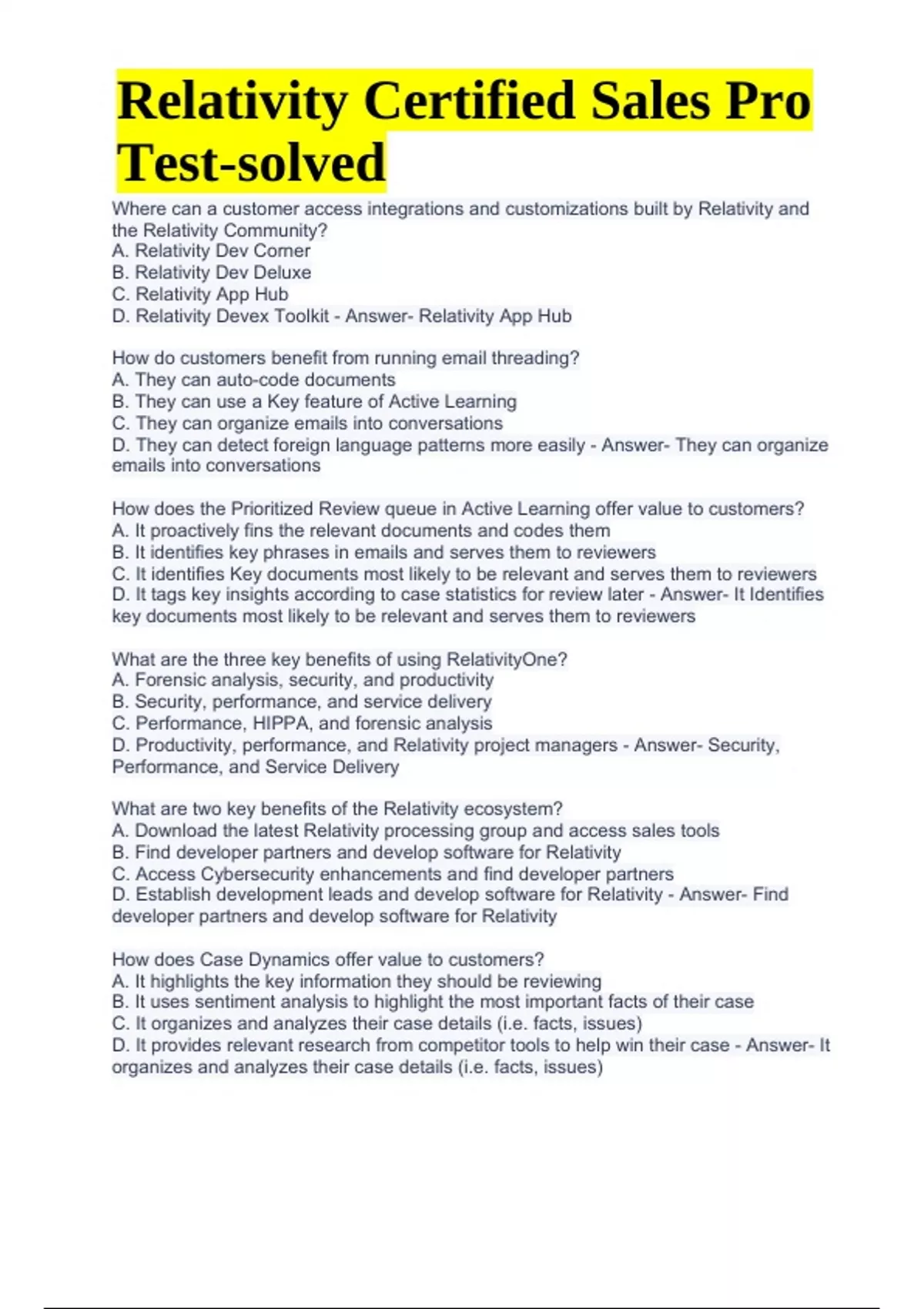 Relativity Certification Relativity Certified Sales Pro Test-solved latest Update 2023/2024 ...