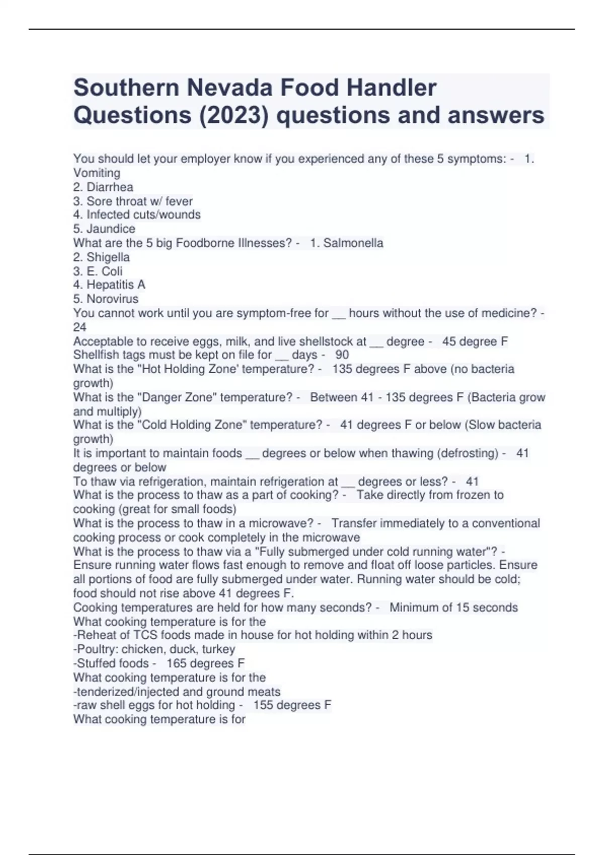 Southern Nevada Food Handler Questions (2023) questions and answers