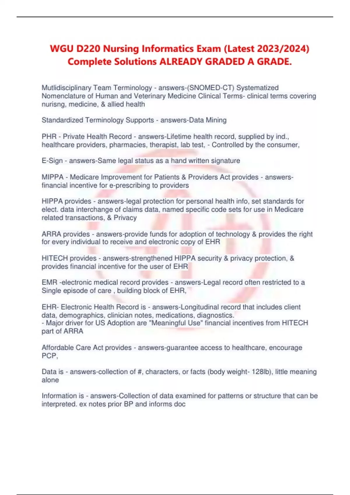 WGU D220 Nursing Informatics Exam (Latest 2023/2024) Complete Solutions