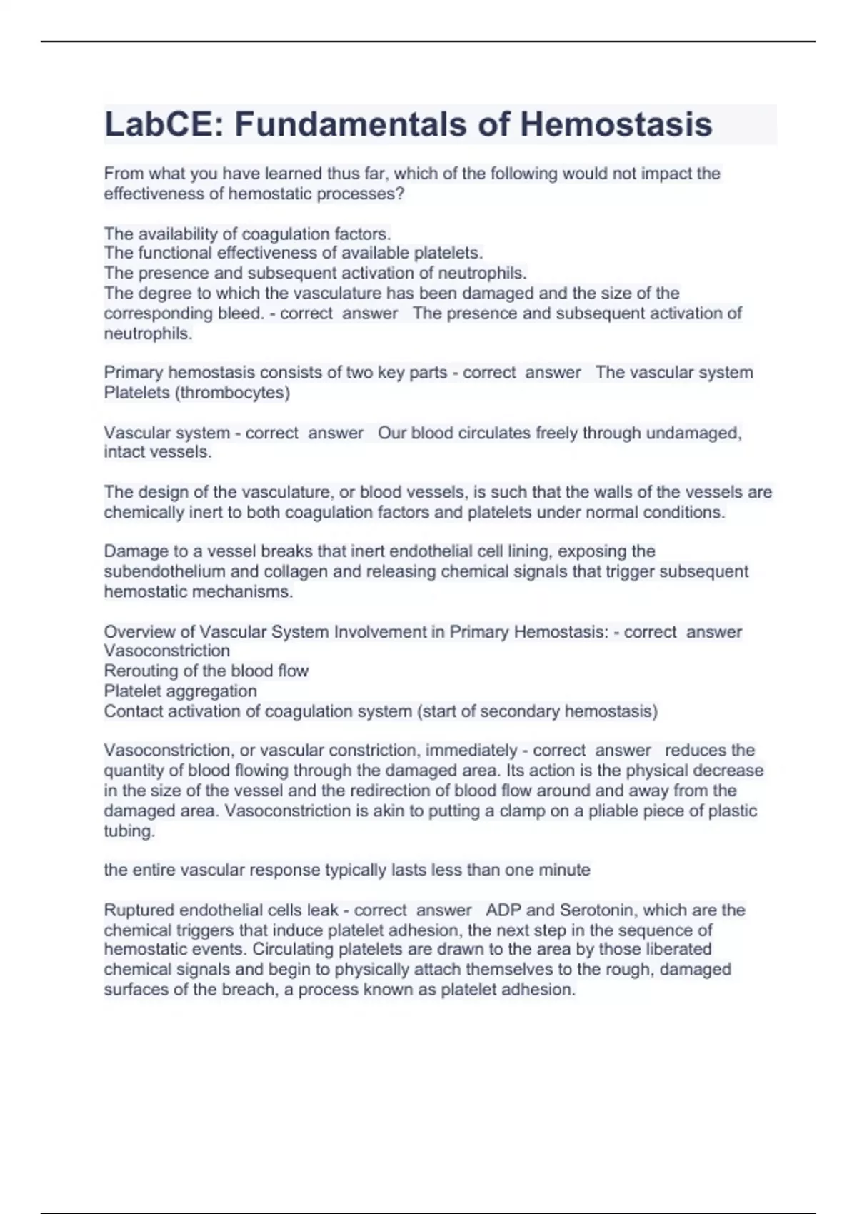 LabCE Questions with complete solution 2023 HEMOSTASIS Stuvia US