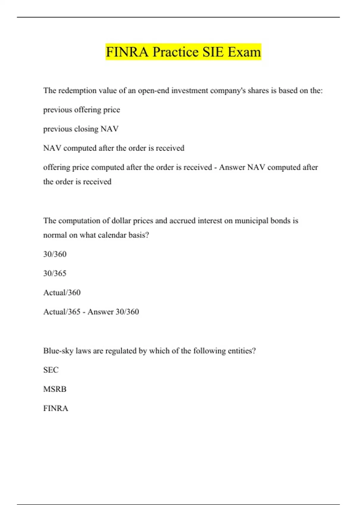 FINRA Practice SIE Exam 2023 FINRA Stuvia US