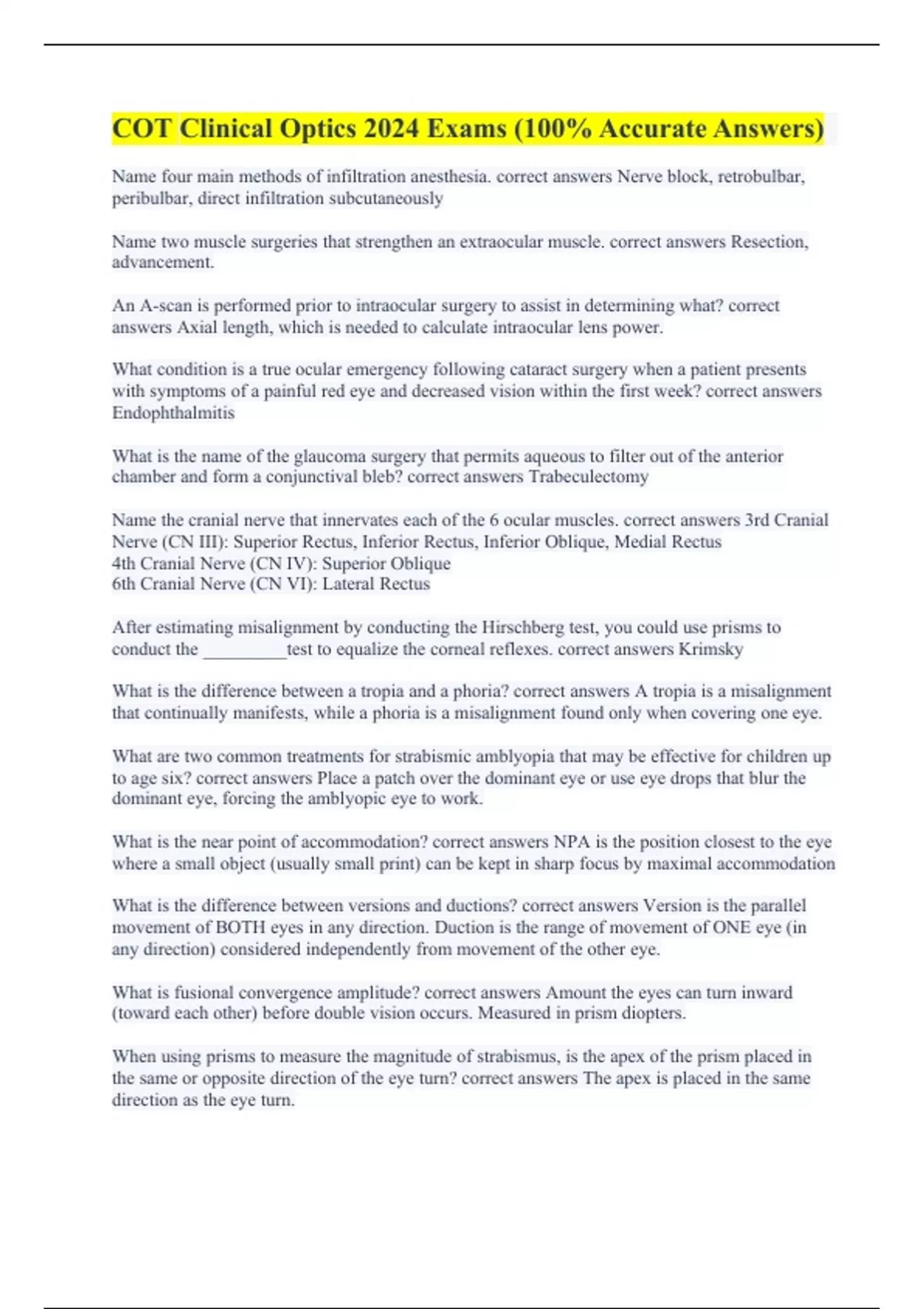 COT Clinical Optics 2024 Exams (100 Accurate Answers) Clinical