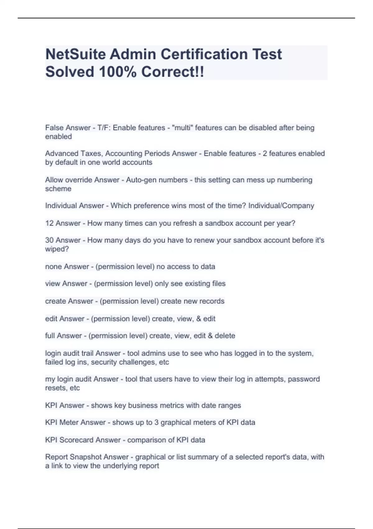 NetSuite Admin Certification Test Solved 100 Correct!! NetSuite