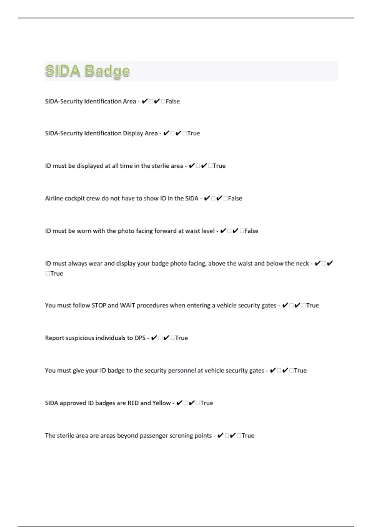 SIDA Badge 25 Questions with 100 Correct Answers Updated & Verified