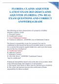 FLORIDA CLAIMS ADJUSTER LATEST EXAM 2023-2024&sol;CLAIMS ADJUSTER &lpar;FLORIDA&rpar; 270&plus; REAL EXAM QUESTIONS AND CORRECT ANSWERS&vert;AGRADE