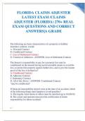 FLORIDA CLAIMS ADJUSTER LATEST EXAM &sol;CLAIMS ADJUSTER &lpar;FLORIDA&rpar; 270&plus; REAL EXAM QUESTIONS AND CORRECT ANSWERS&vert;A GRADE