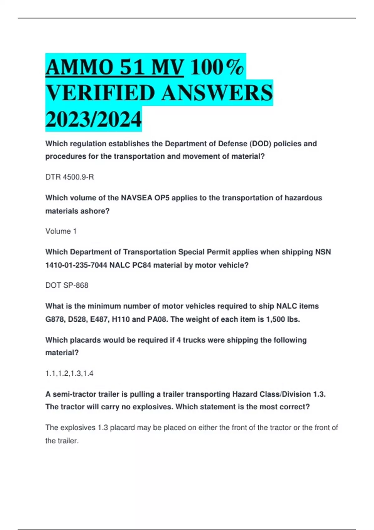 AMMO 51 MV 100 VERIFIED ANSWERS 2023/2024 AMMO 51 MV Stuvia US