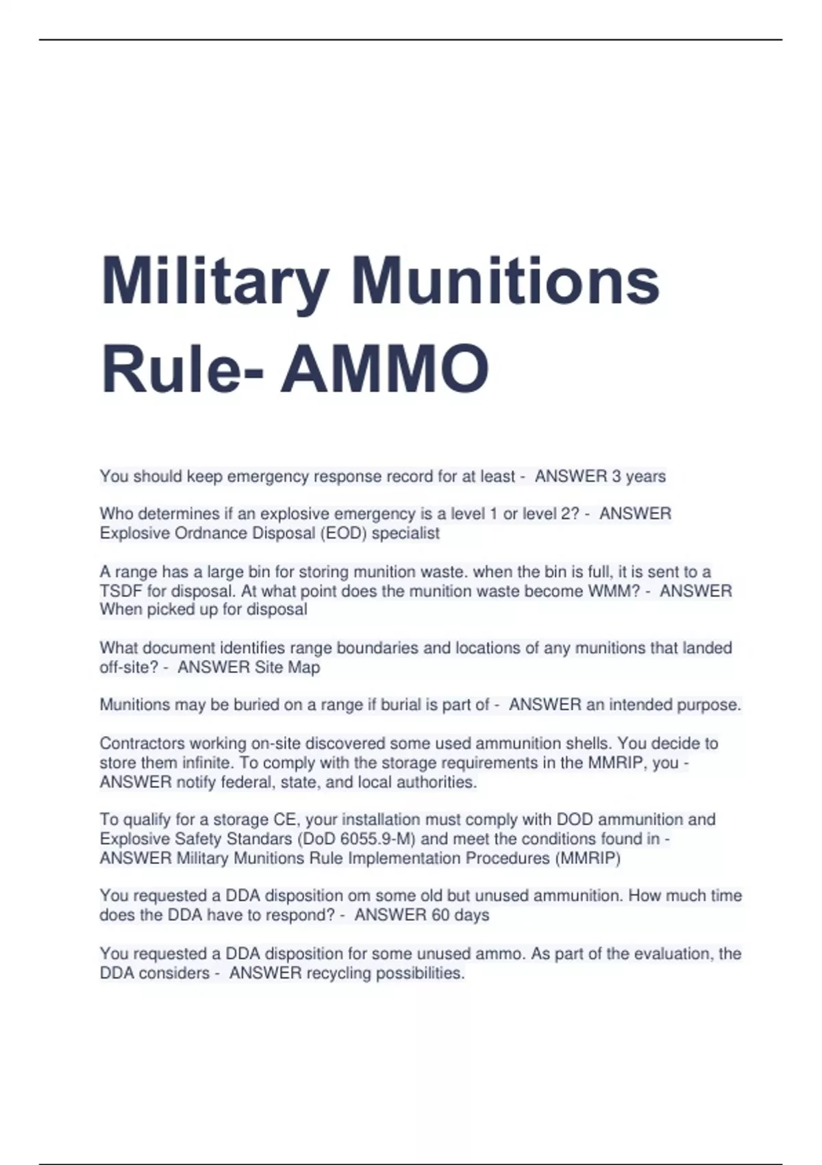 Military Munitions Rule AMMO Military Munitions Stuvia US