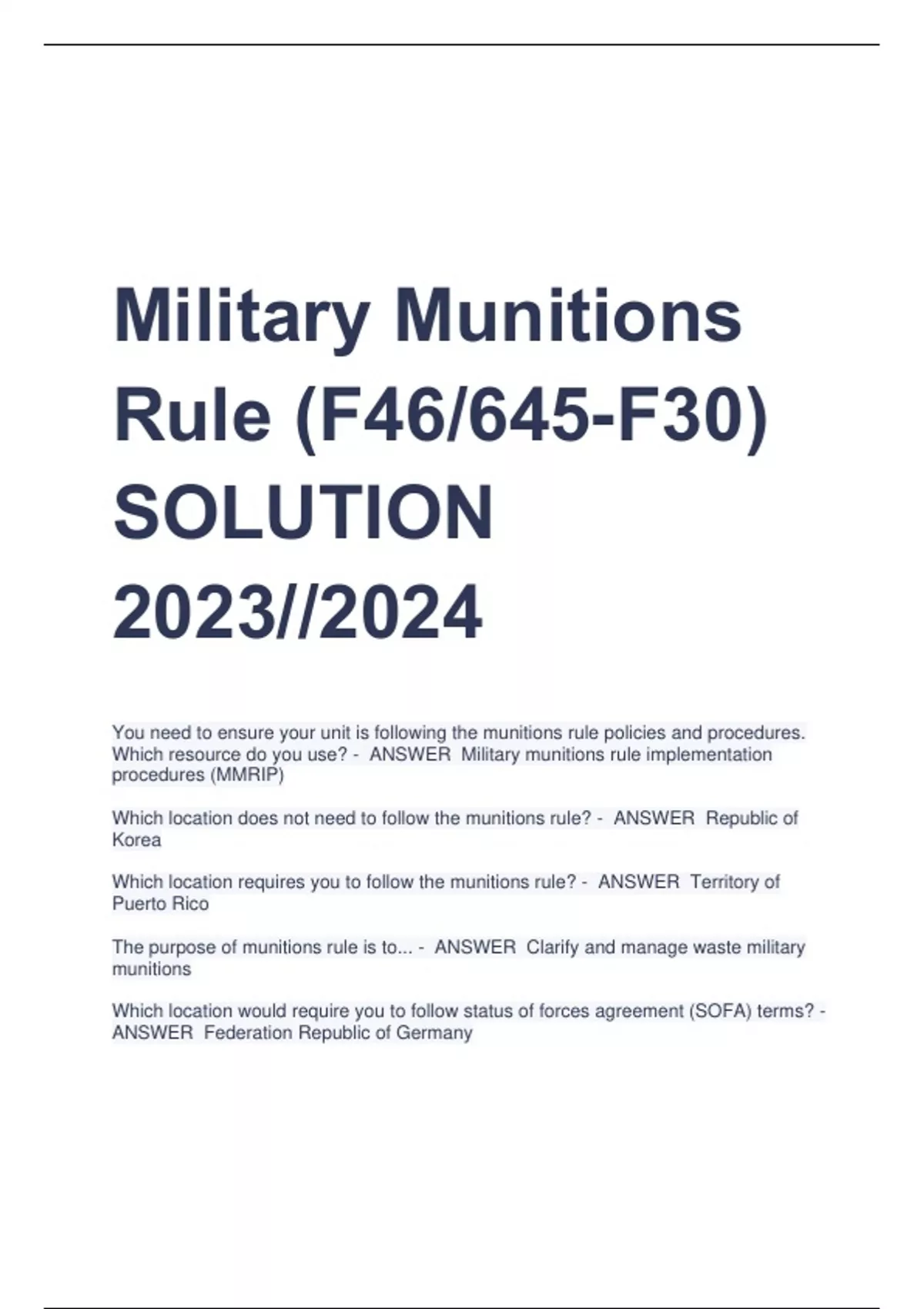 Military Munitions Rule (F46/645F30) SOLUTION 2023//2024 Military