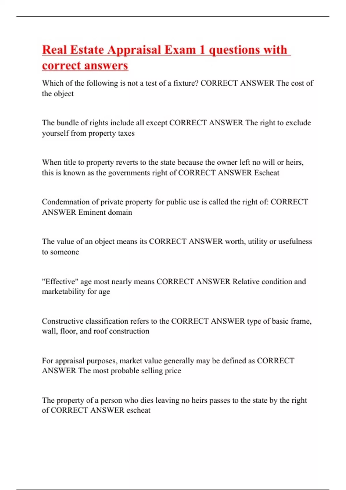 Real Estate Appraisal Exam 1 questions with correct answers Real