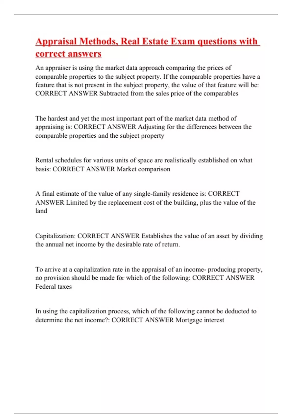 Appraisal Methods, Real Estate Exam questions with correct answers