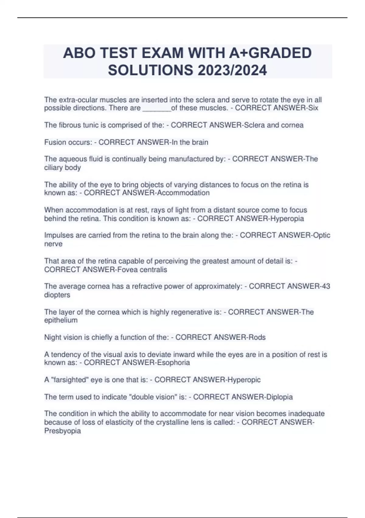 ABO TEST EXAM WITH A+GRADED SOLUTIONS 2023/2024 ABO Stuvia US