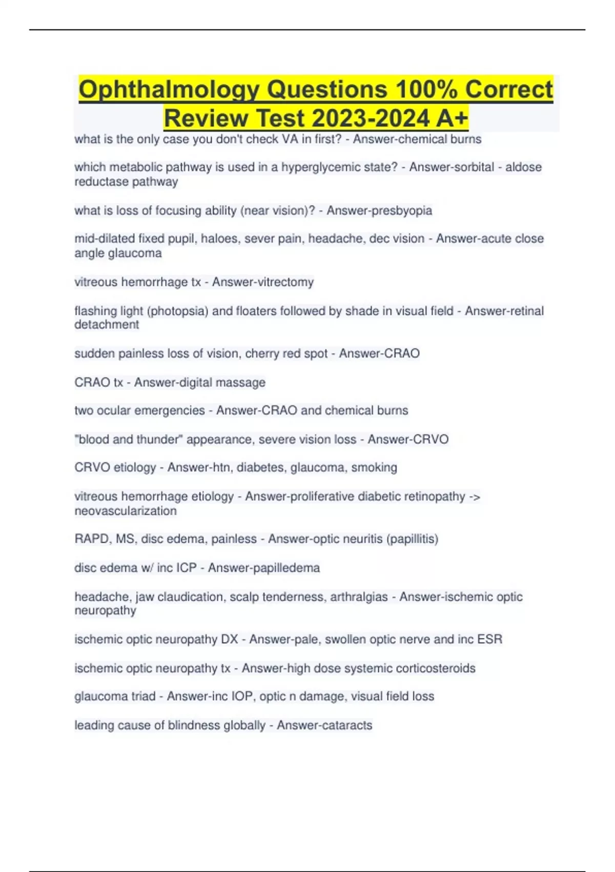 Ophthalmology Questions 100 Correct Review Test A+ Ophthalmology