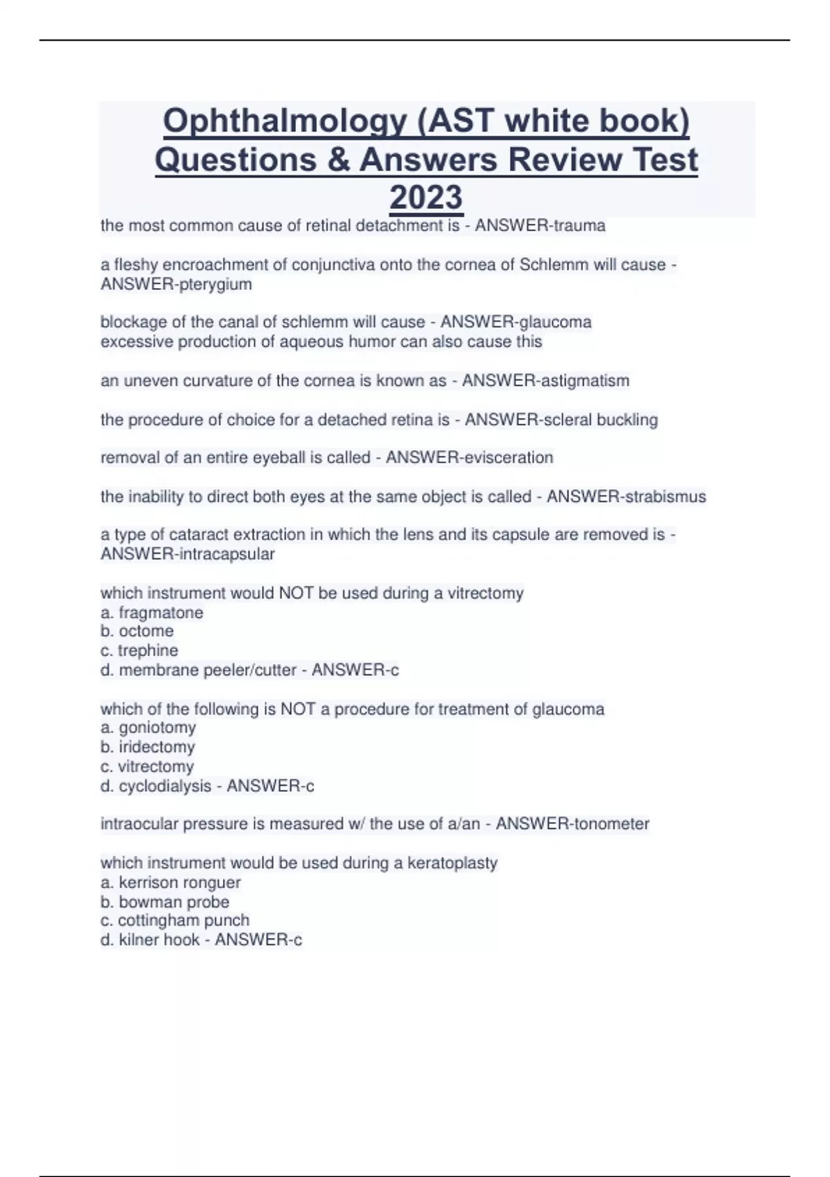Ophthalmology (AST white book) Questions & Answers Review Test 2023