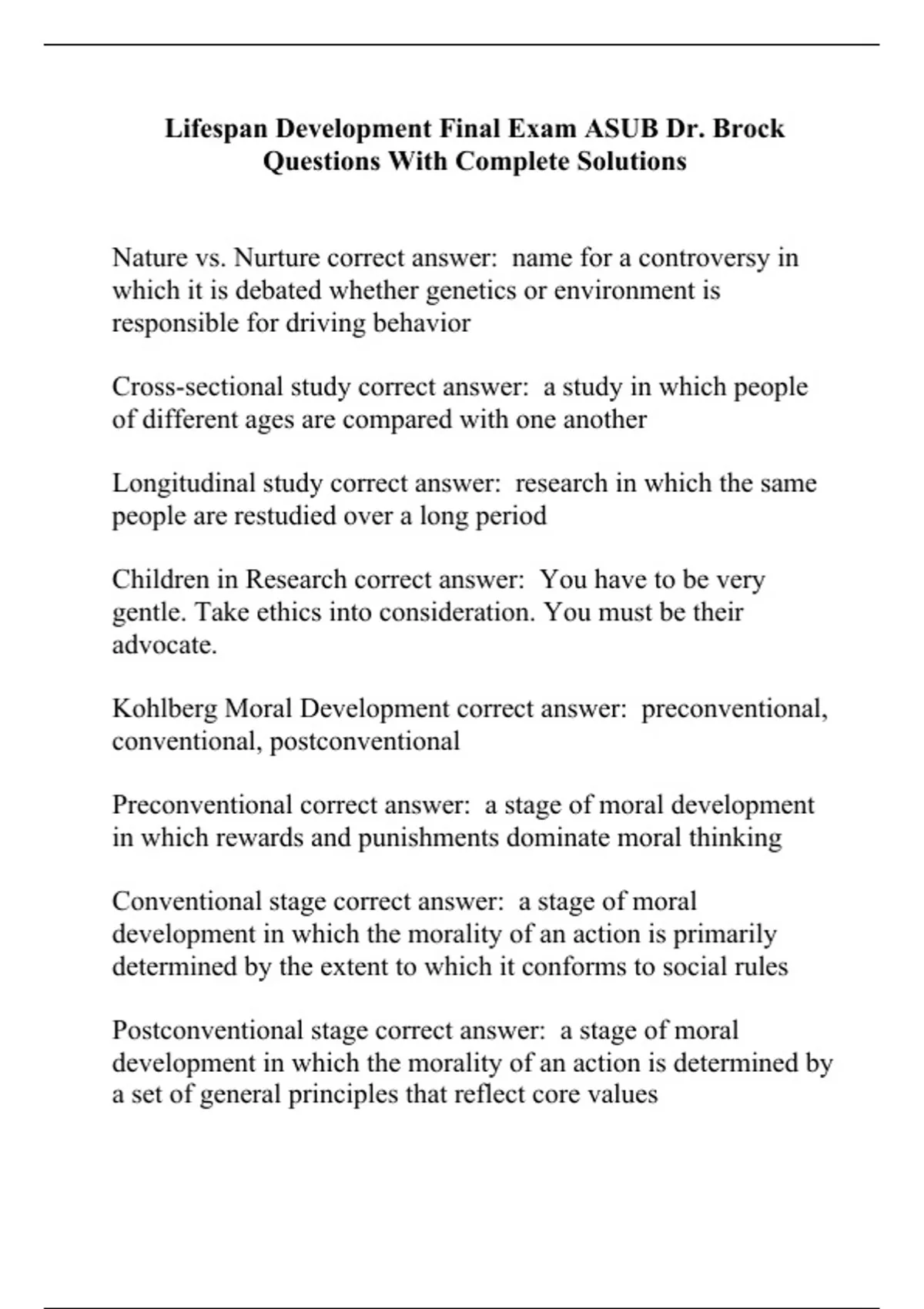 Lifespan Development Final Exam ASUB Dr. Brock Questions With Complete