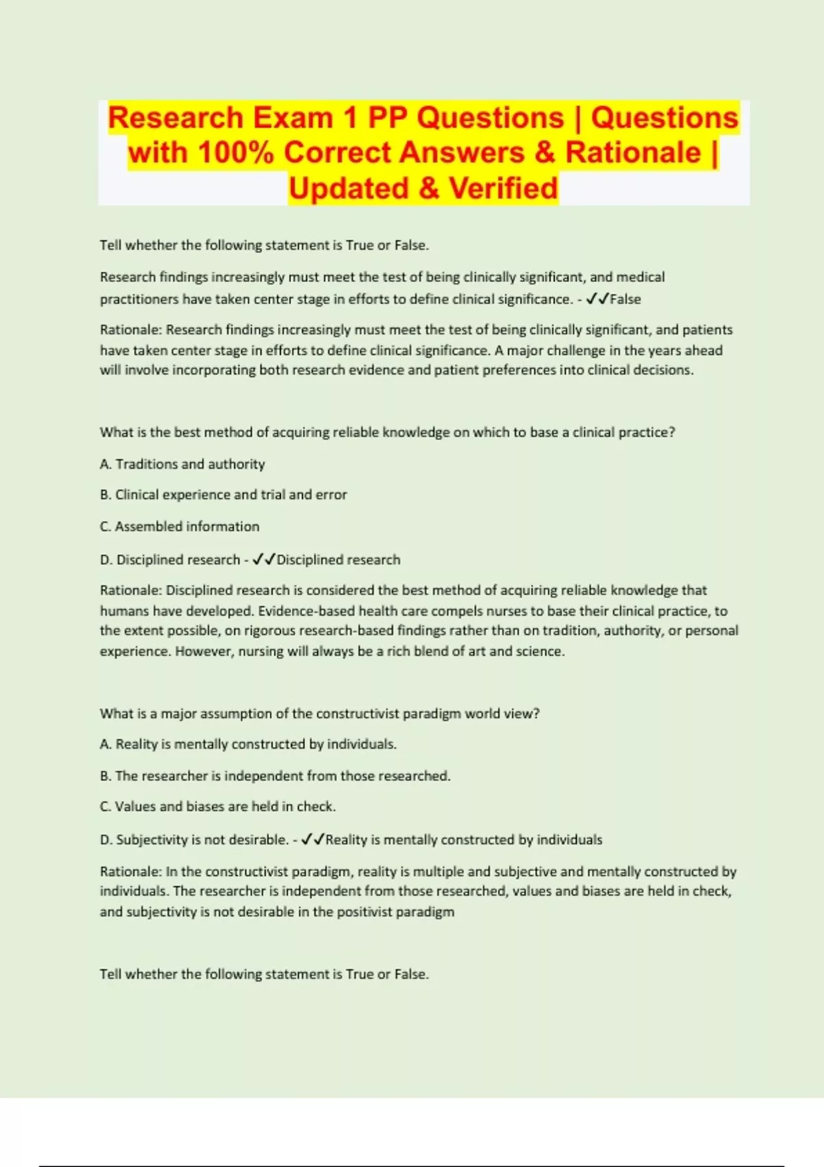 Research Exam 1 PP Questions | Questions with 100% Correct Answers ...
