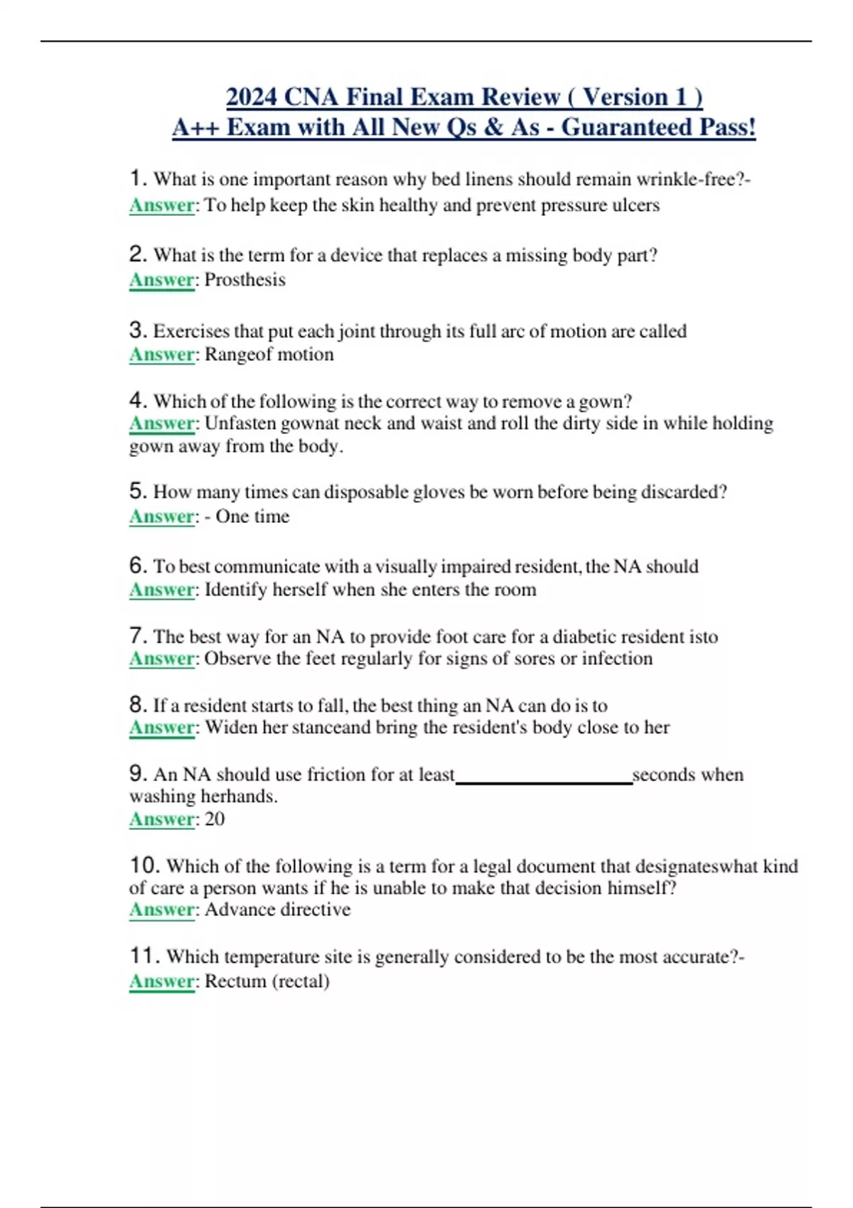 Cna Review.pdf 2024 CNA Final Exam Review ( Version 1 ) A++ Exam with All New Qs & As ...