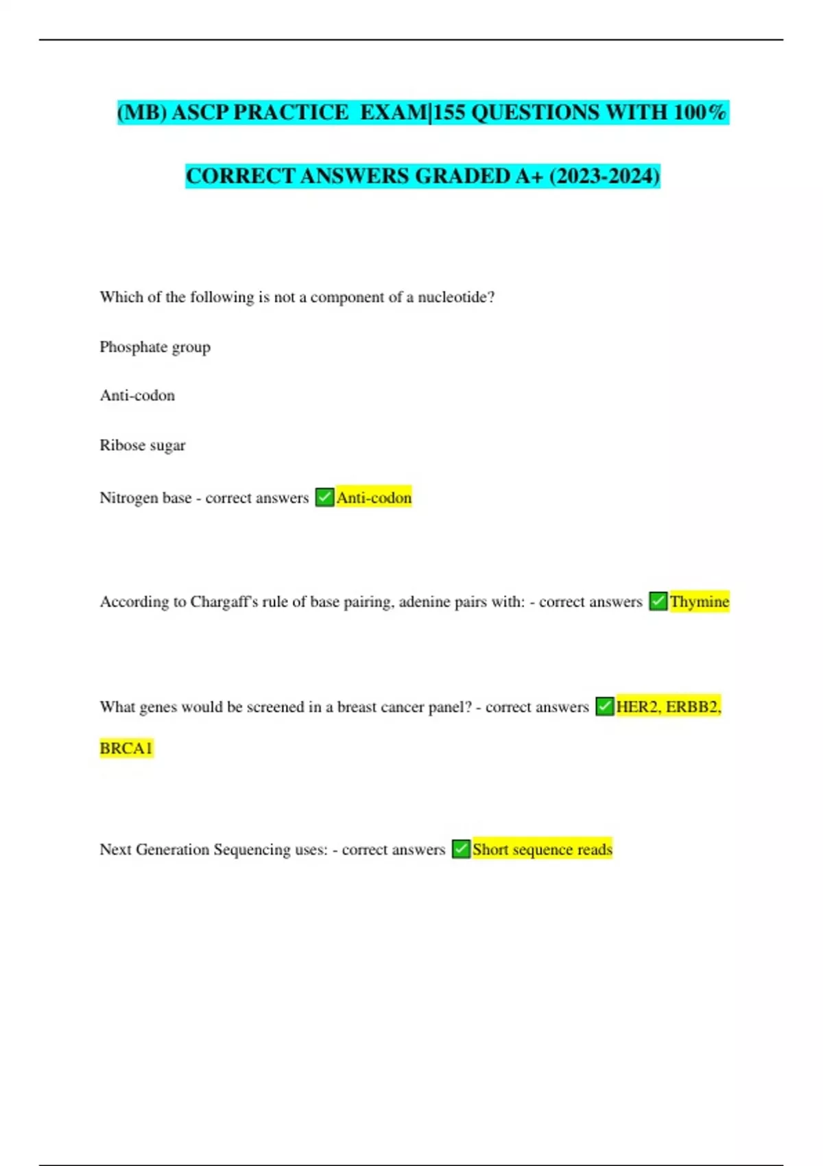 Mb Ascp Practice Exam 155 Questions With 100 Correct Answers Graded