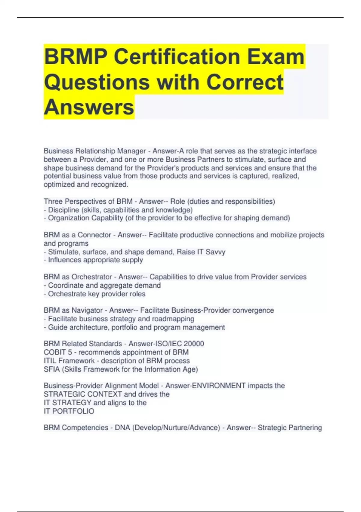 BRMP Certification Exam Questions with Correct Answers BRMP BRMP Certification Exam Questions with Correct Answers BRMP