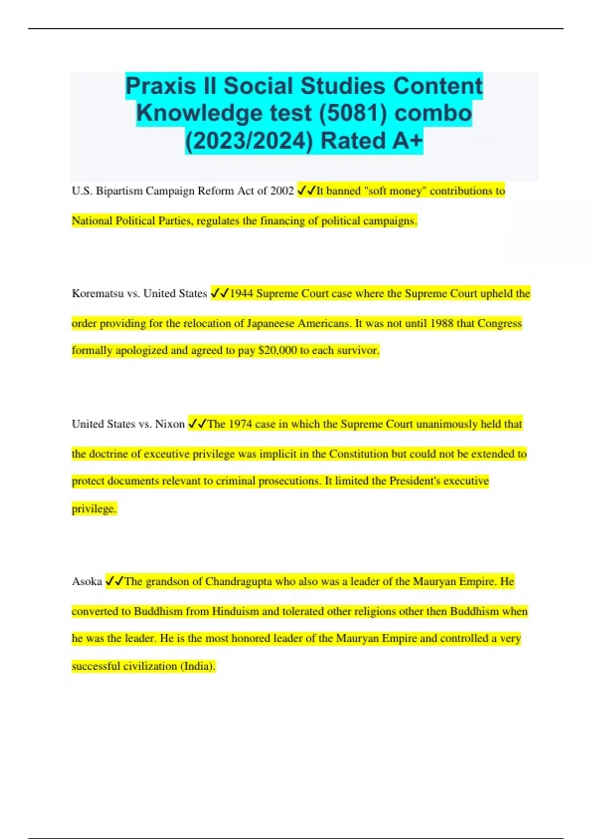 Praxis II Social Studies Content Knowledge test (5081) combo (2023/2024) Rated A+ Praxis II