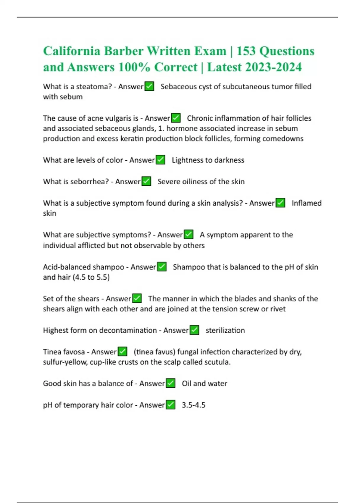 California Barber Written Exam | 153 Questions and Answers 100% Correct | Latest - Barber ...